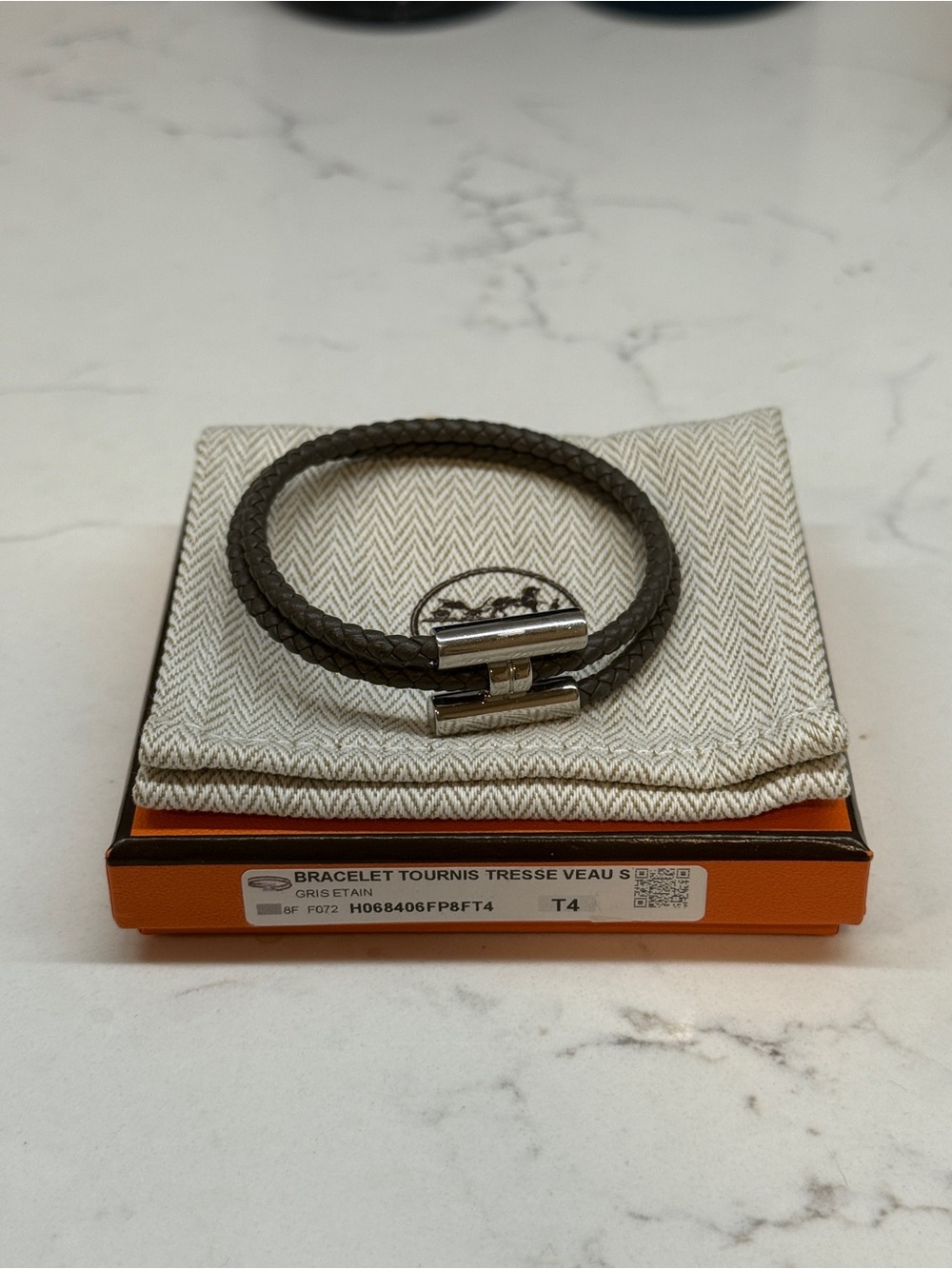 Hermes braided double-wrap leather bracelet in gray with silver clasp